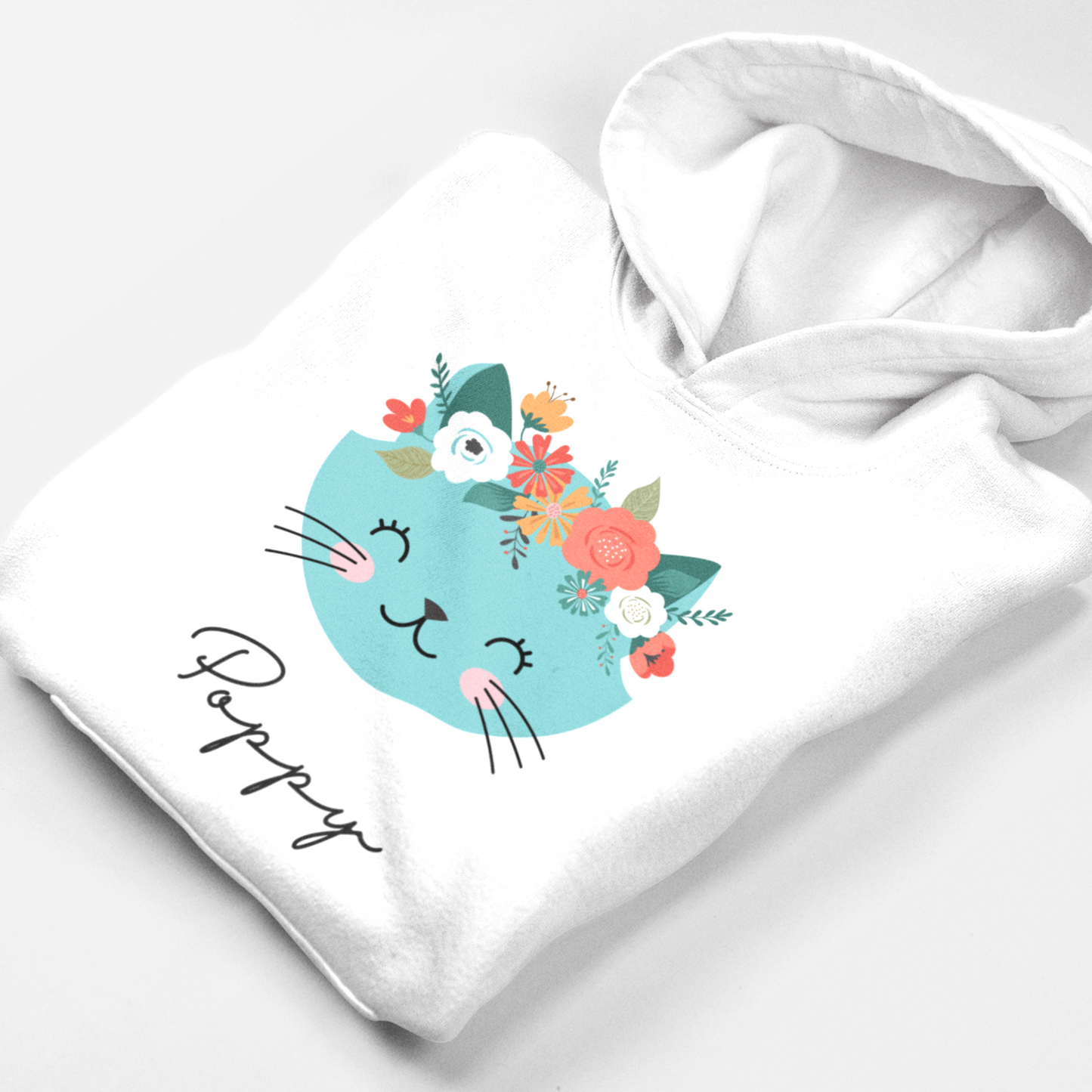 Girls Personalised Blue Cat Pullover Hoodie | 3 - 13 years