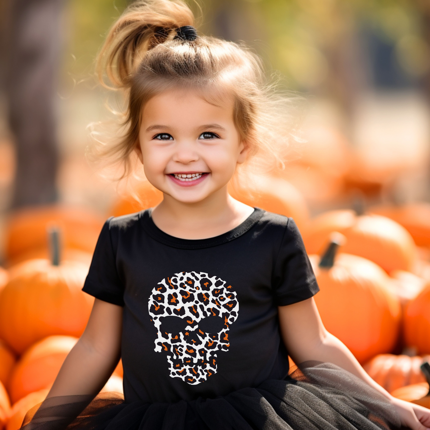 Leopard Print Skull - Girls Halloween T-shirt | 3 -13 years