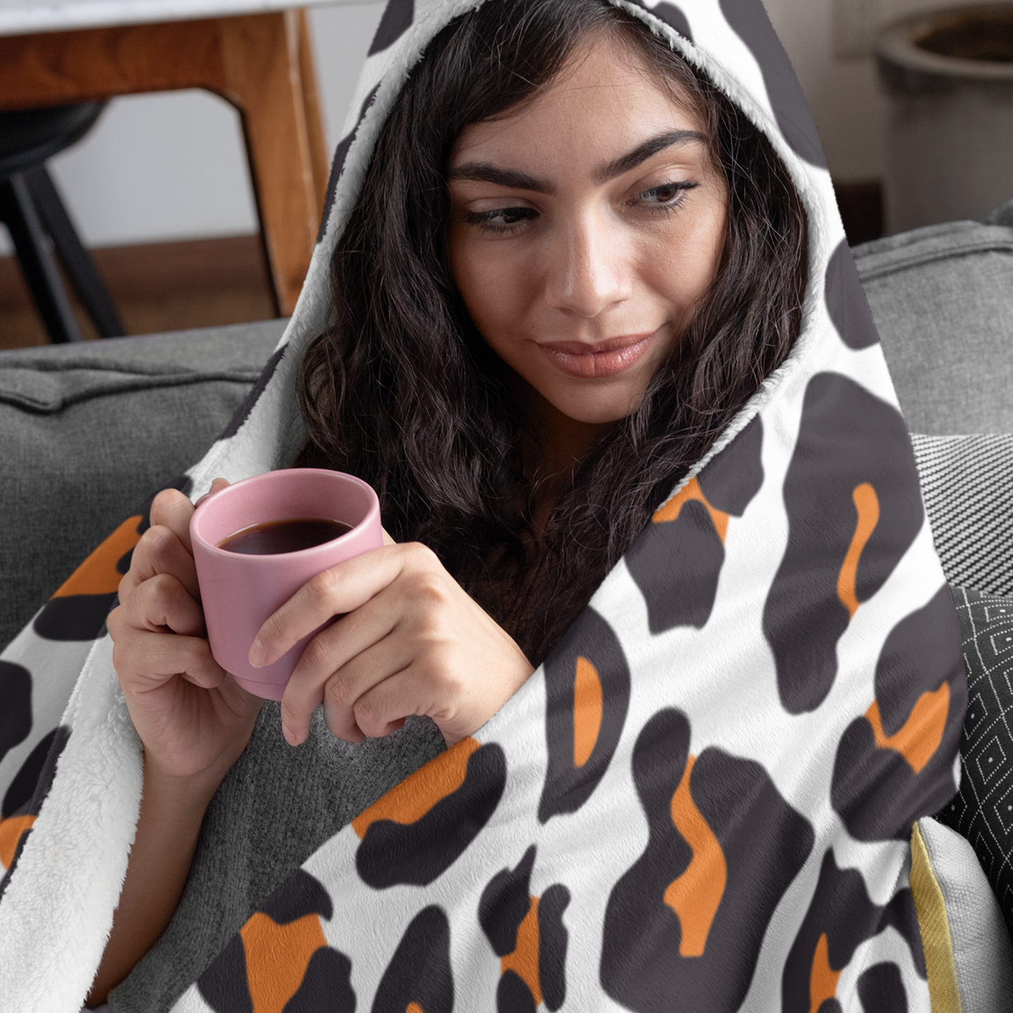 Orange & White Leopard Print - Premium Hooded Blanket