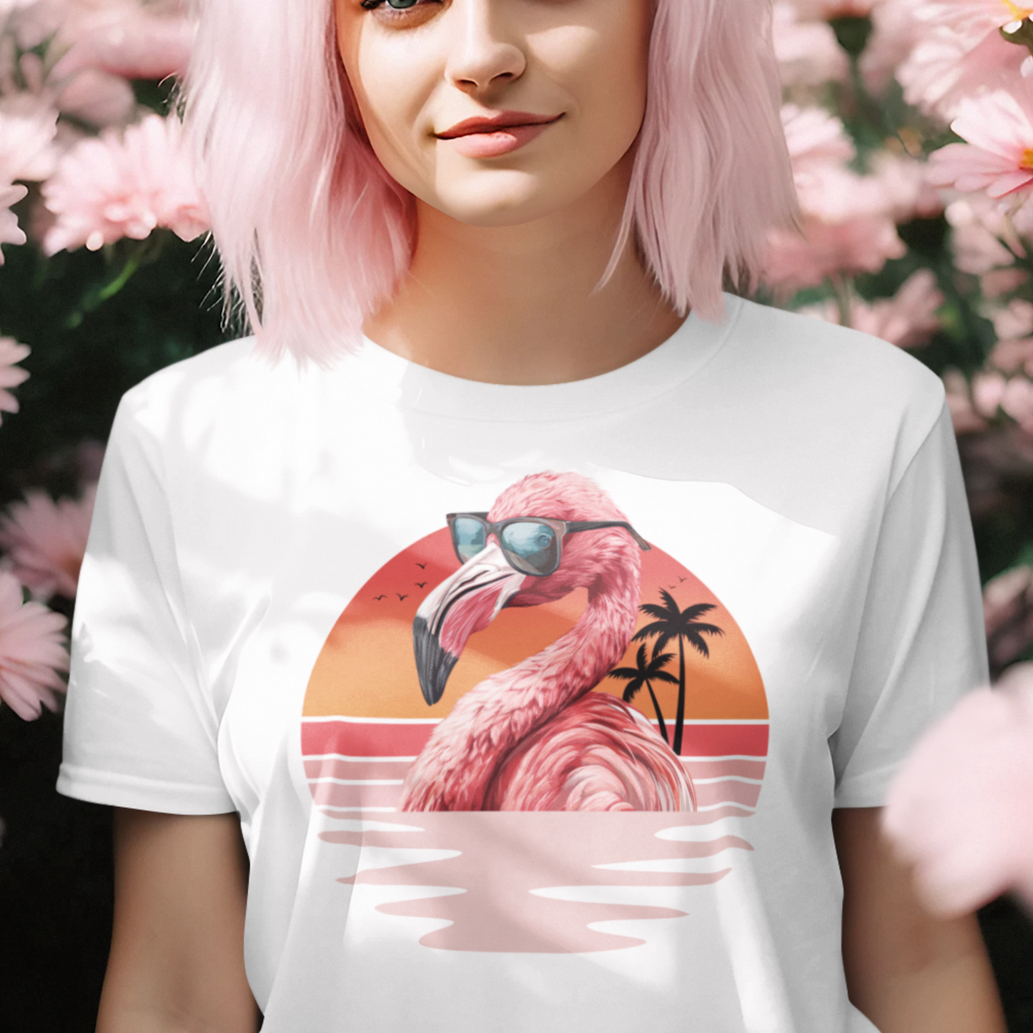 Unisex Adults Retro Sunset Style Flamingo T-shirt