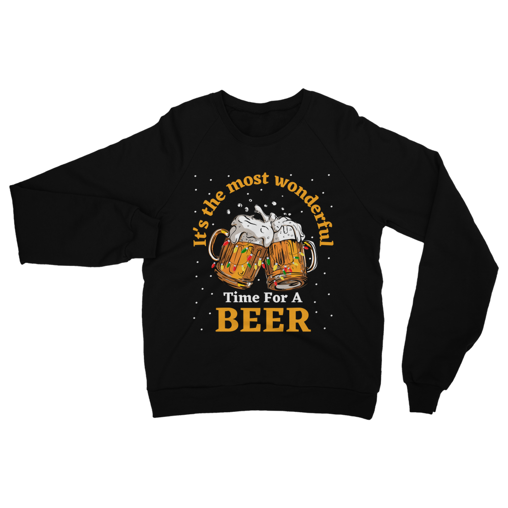 Black Christmas jumper for adults with two clinking beer mugs, Christmas lights, snow, and the phrase "It’s the most wonderful time for a beer."