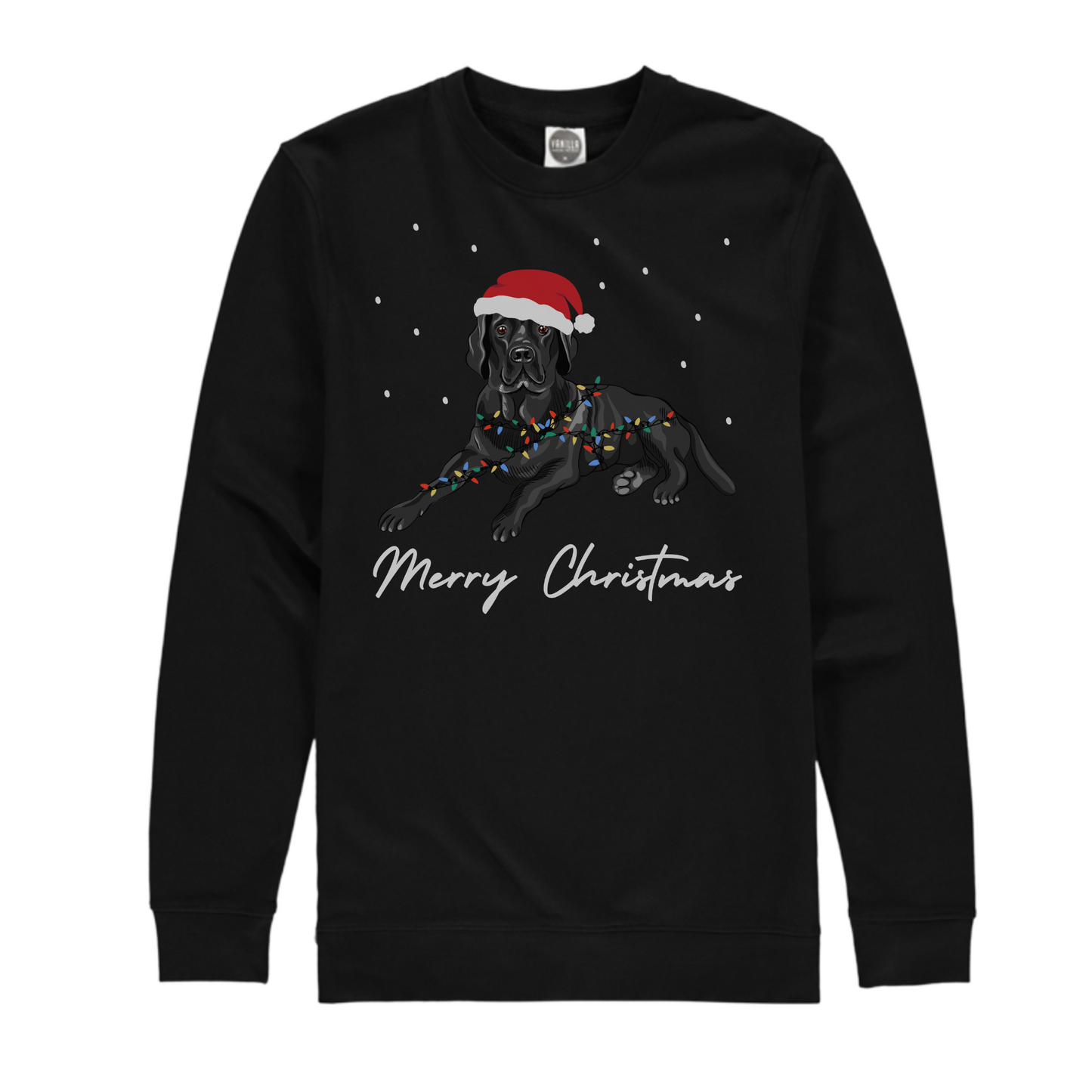 Unisex adults black festive sweatshirt with an image of a Labrador wearing a Santa hat and wrapped in festive lights, standing next to a black Labrador. The sweatshirt has the text 'Merry Christmas'.
