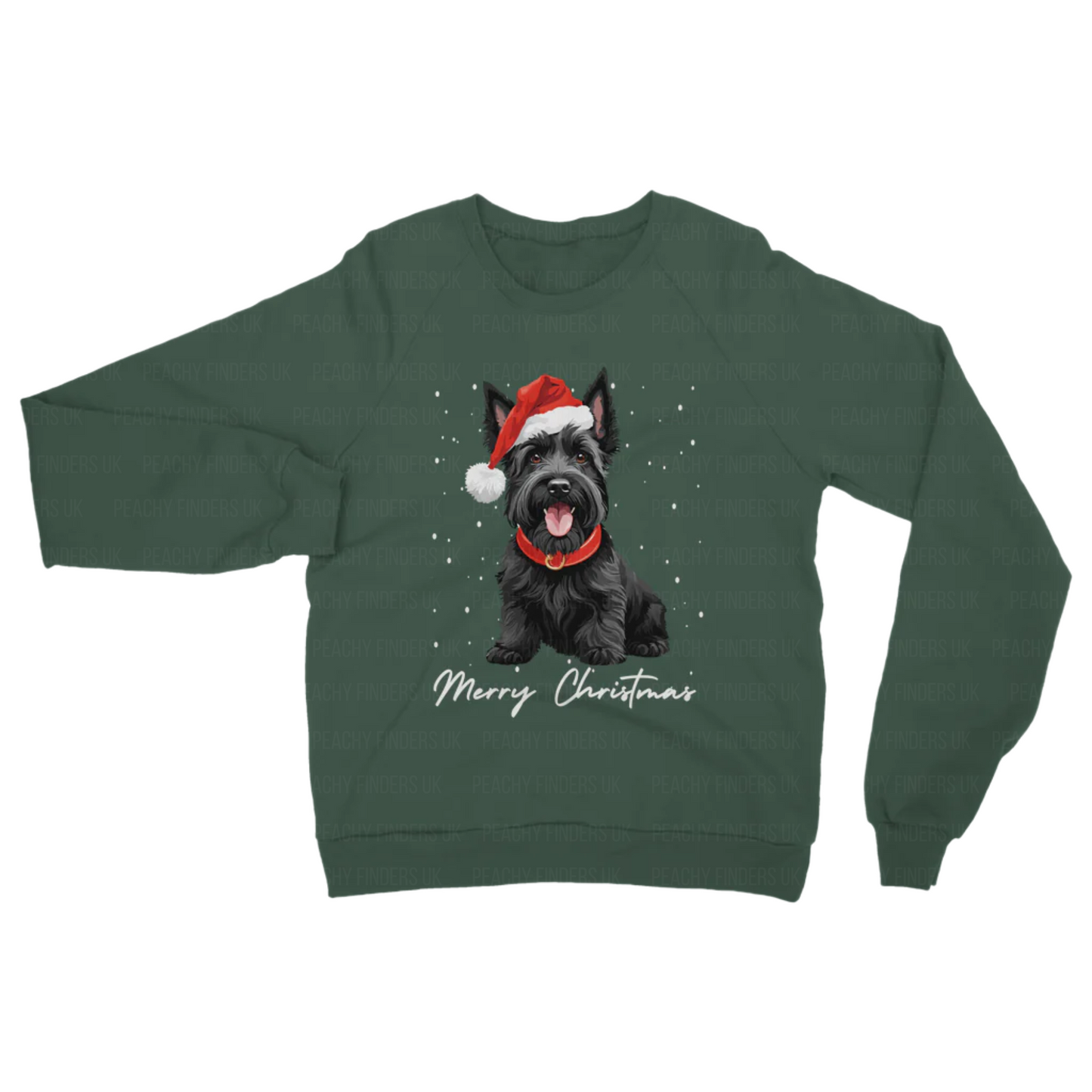 Adults bottle green sweatshirt featuring a festive black Scottie dog wearing a Santa hat. Text says "Merry Christmas" on a snowy background.