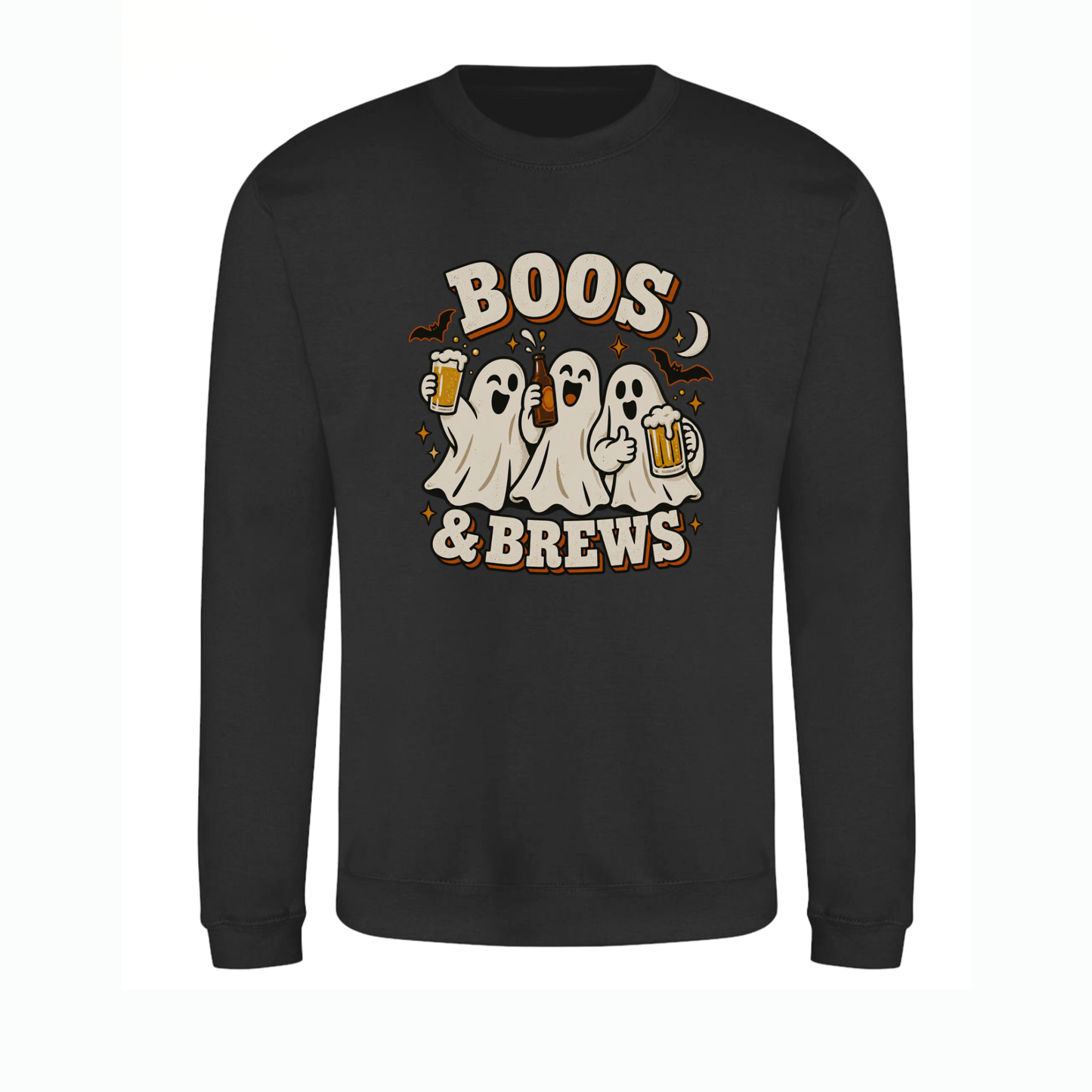 Adults jet black crewneck sweatshirt for adults featuring a Halloween graphic of three ghosts holding beer mugs with the text 'BOOS & BREWS' in a retro cream and orange font.