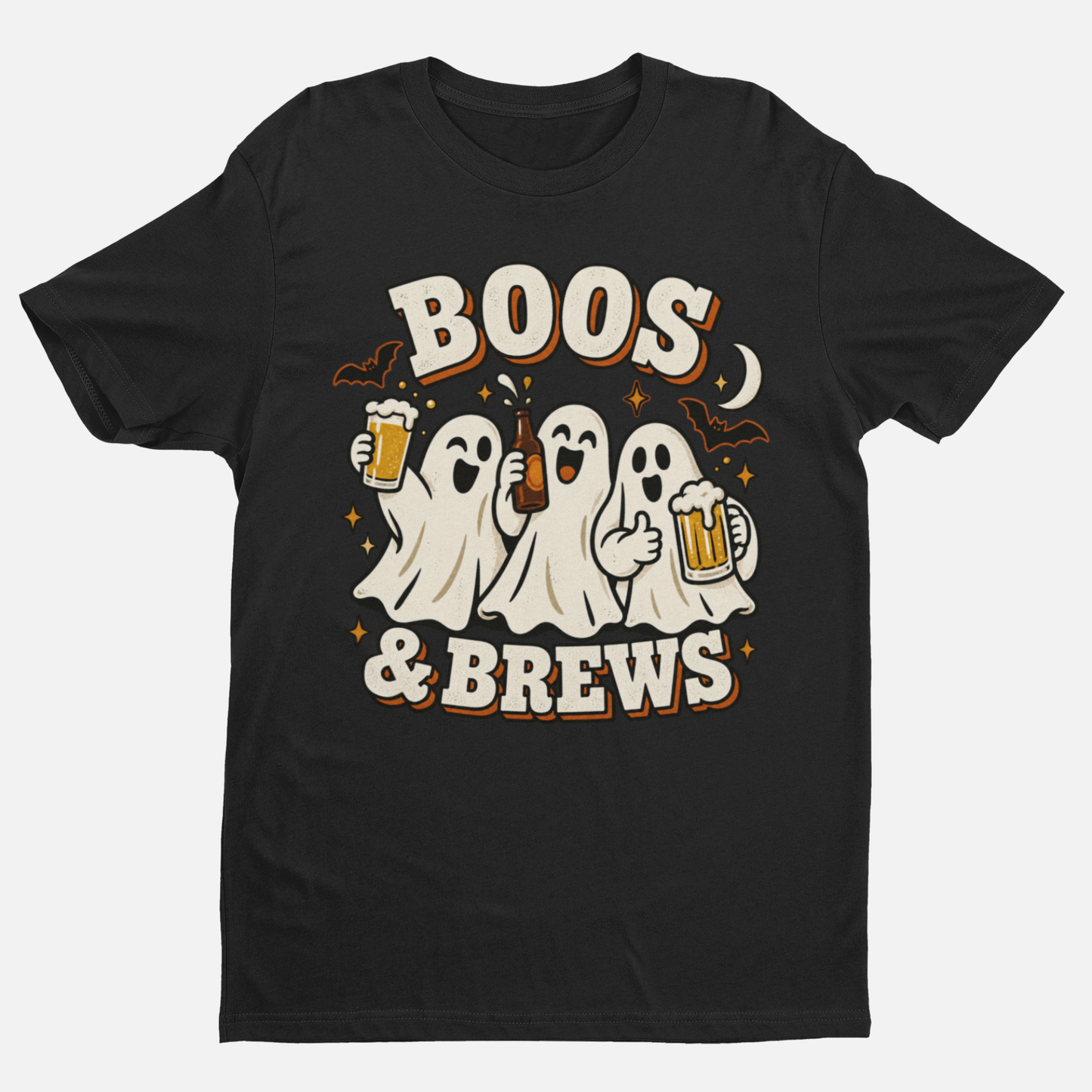 Black adult Halloween T-shirt featuring three ghosts holding beer with Boos and Brews lettering