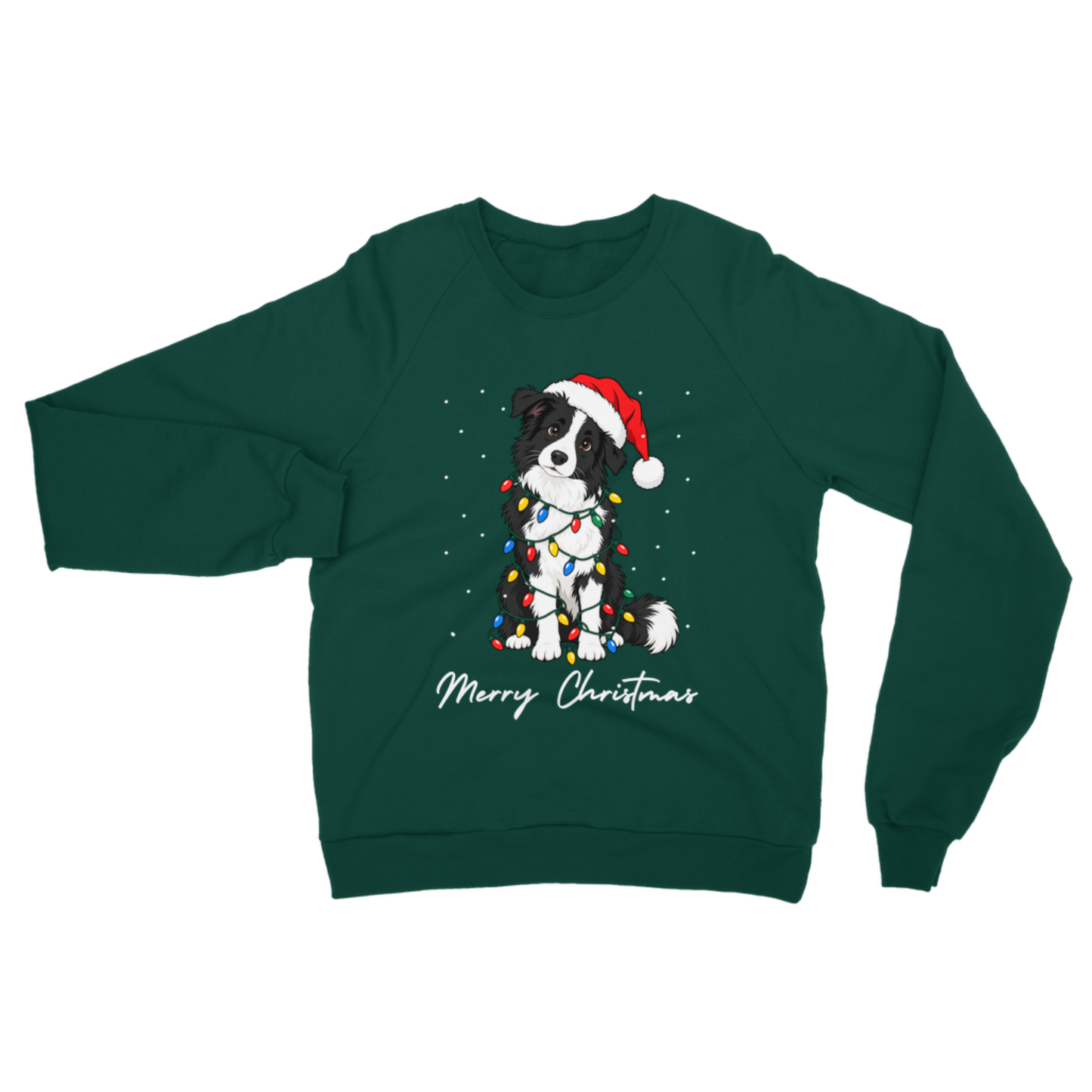 A dark green adult crewneck sweatshirt displayed in a flat lay style, showcasing an illustrated Border Collie tangled in fairy lights with a Santa hat and "Merry Christmas" text.