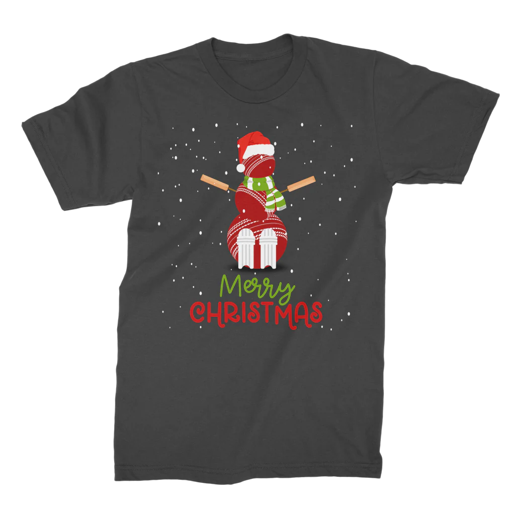 Adults black short sleeved t-shirt with a Christmas cricket-themed design on a white background