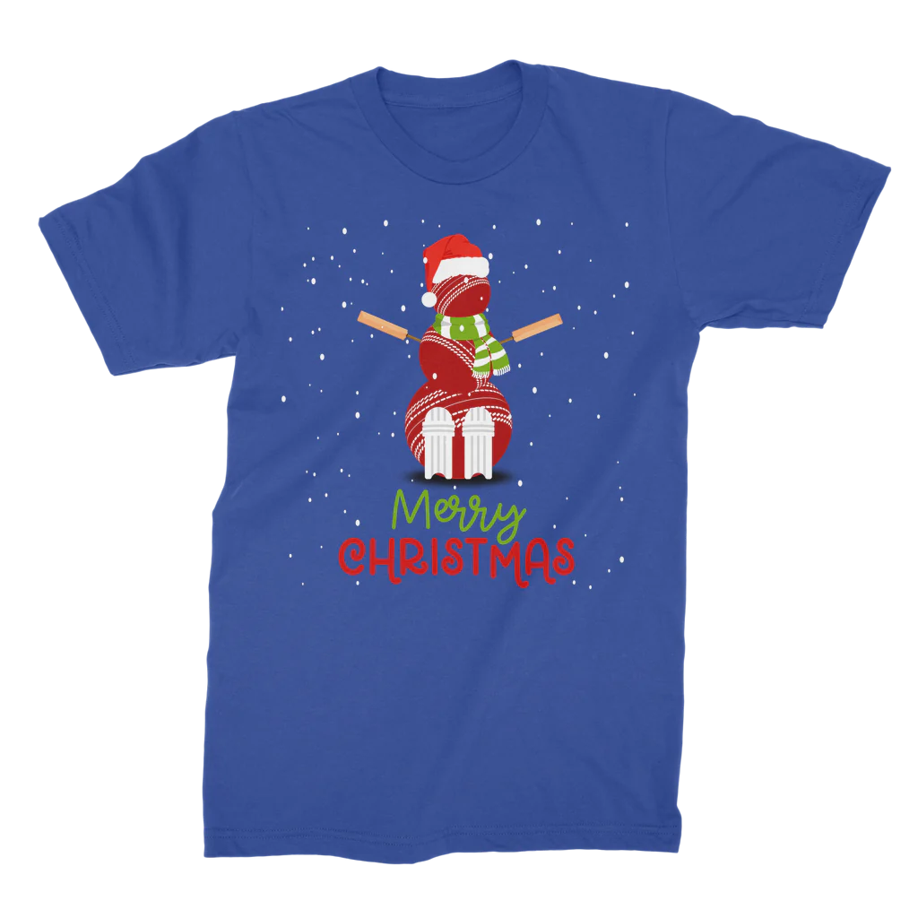 Adults royal blue short sleeved t-shirt with a Christmas cricket-themed design on a white background
