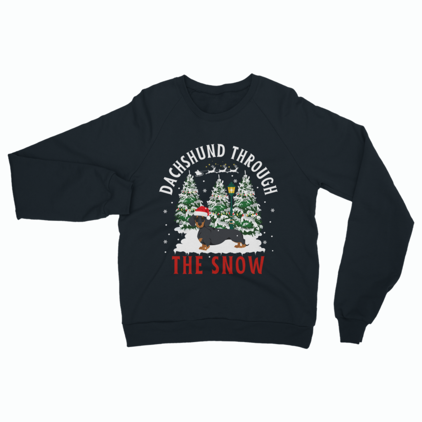 A black crewneck sweatshirt featuring a festive Christmas graphic of a dachshund in the snow with pine trees and the text 'DACHSHUND THROUGH THE SNOW' in white and red.