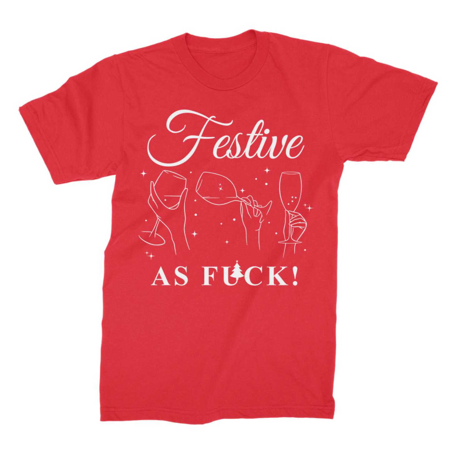 Red festive adult t-shirt featuring a white line-art champagne flute and wine glass design with funny Christmas party text.