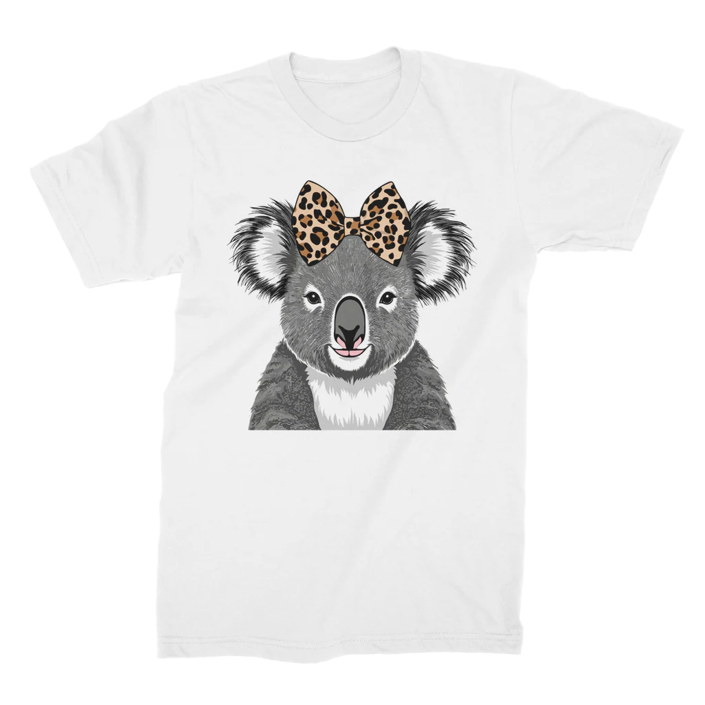 Ladies short sleeved graphic t-shirt featuring a cute grey koala with a leopard print bow