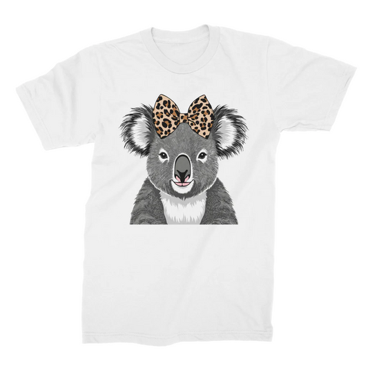 Ladies short sleeved graphic t-shirt featuring a cute grey koala with a leopard print bow
