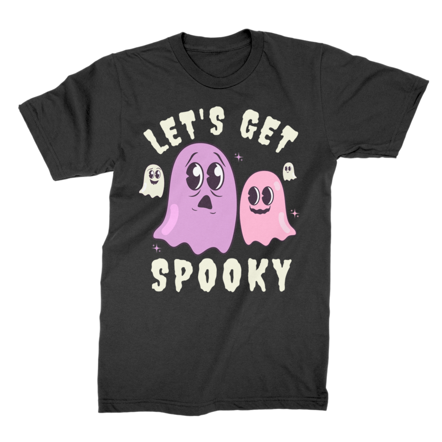 Black crew neck T-shirt with large lilac and pink ghosts, two small cream ghosts and “Let’s Get Spooky” text, shown flat against white.