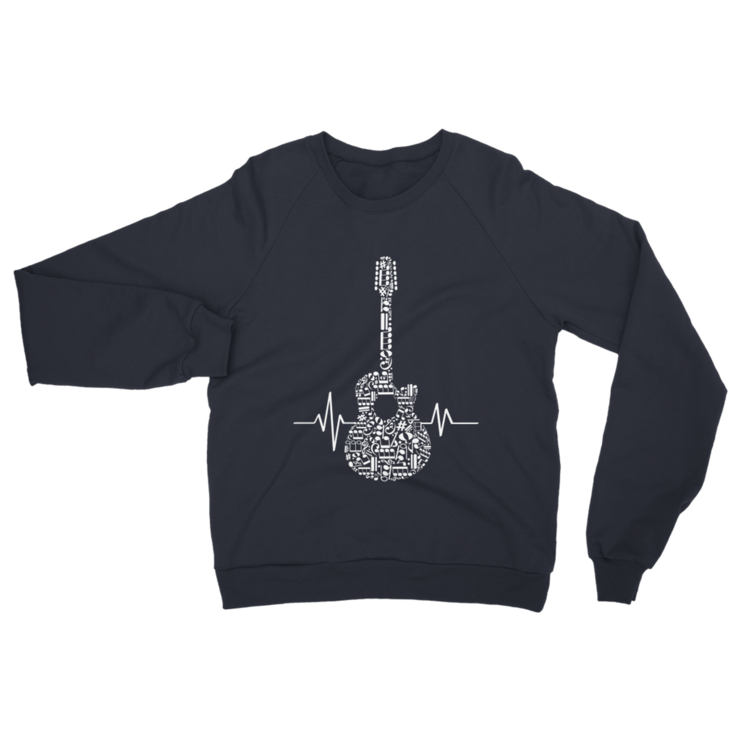 Adults navy sweatshirt featuring a musical-note guitar and heartbeat design.