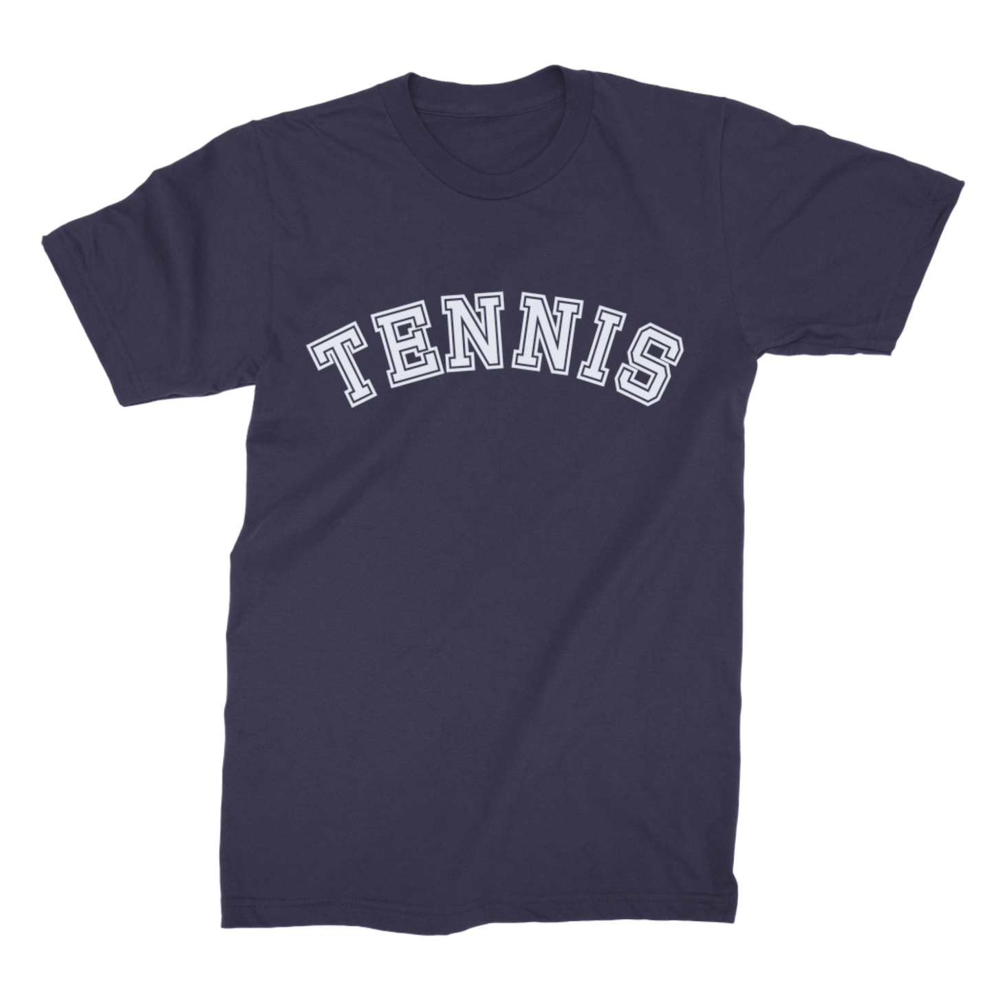 Navy adult T-shirt with a white varsity-style Tennis slogan across the chest.