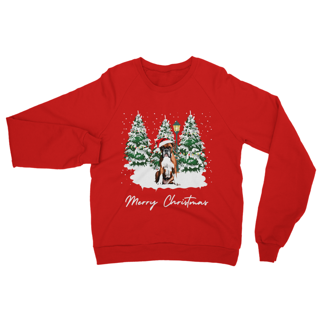 Adults red Christmas sweatshirt featuring a boxer dog in a Santa hat, sitting in the snow with decorated trees and “Merry Christmas” text.