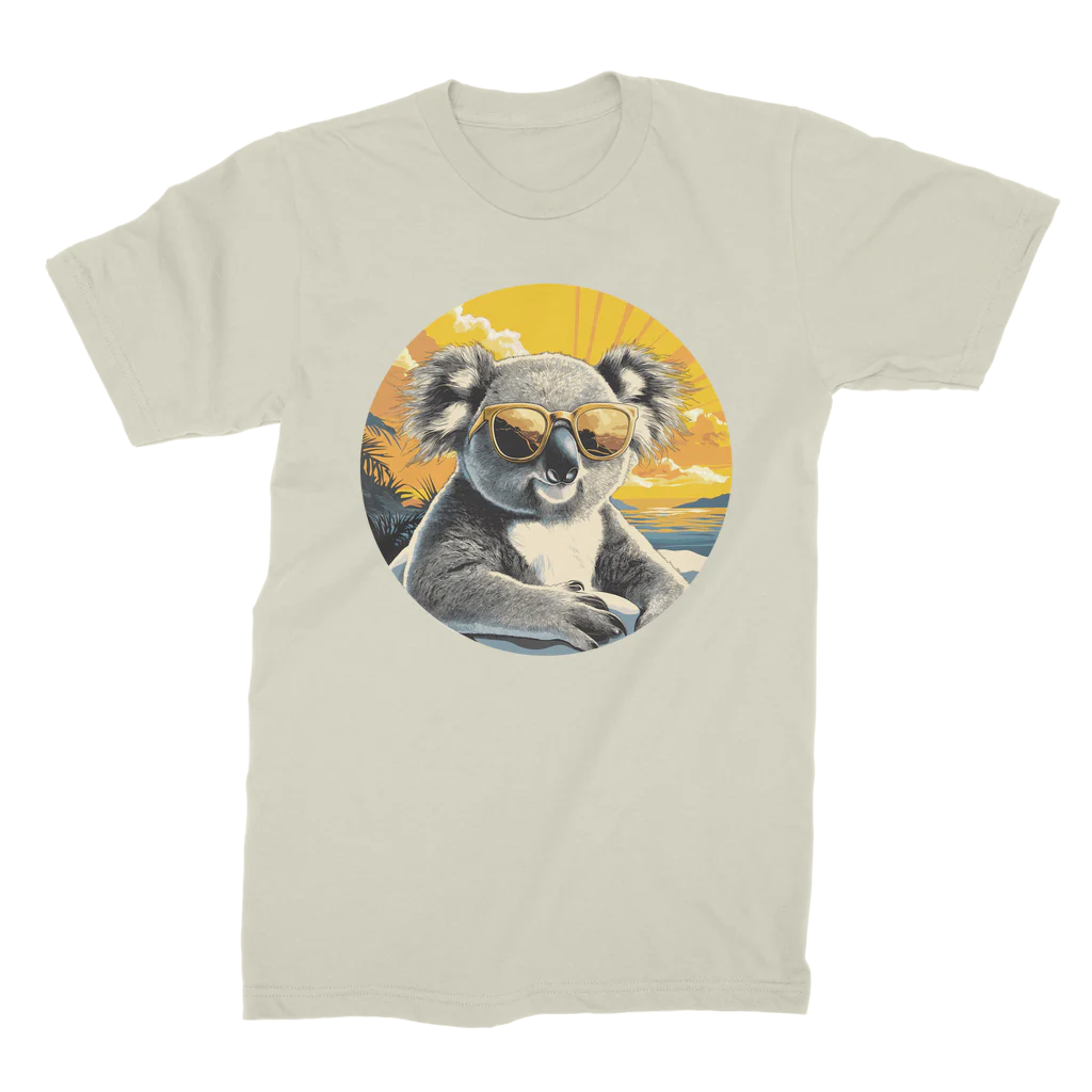 Adults beige cotton t-shirt with a cool koala in sunglasses graphic and a sunset background