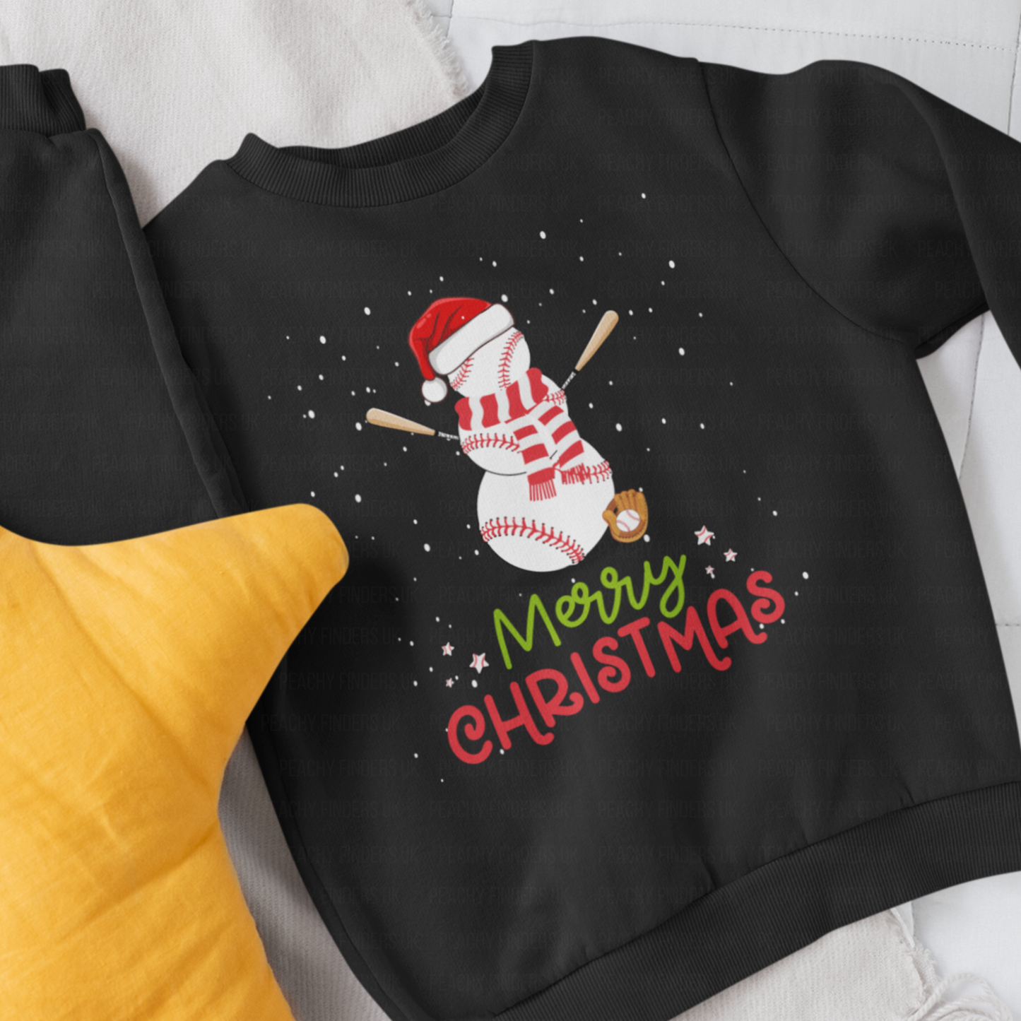 Children's black sweatshirt with a baseball snowman design and 'Merry Christmas' text
