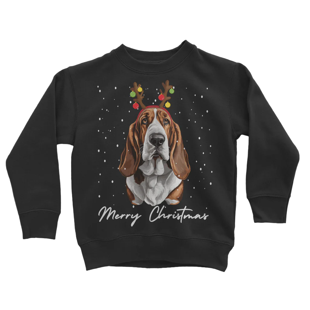Kids black sweatshirt with a graphic of a Basset Hound dog wearing festive antlers and the text 'Merry Christmas'.