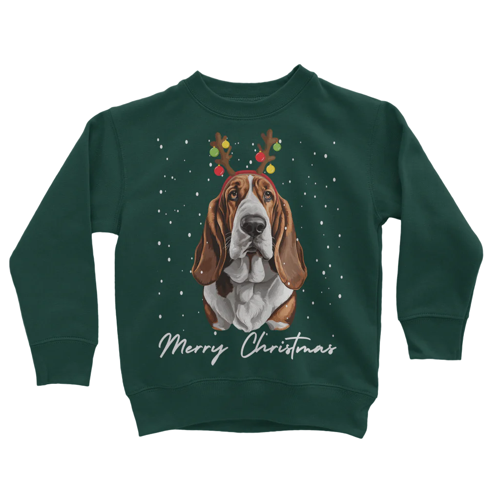 Kids dark green sweatshirt with a graphic of a Basset Hound dog wearing festive antlers and the text 'Merry Christmas'.