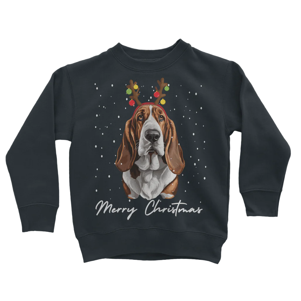 Kids navy sweatshirt with a graphic of a Basset Hound dog wearing festive antlers and the text 'Merry Christmas'.