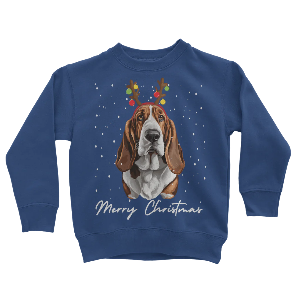 Kids royal blue sweatshirt with a graphic of a Basset Hound dog wearing festive antlers and the text 'Merry Christmas'.