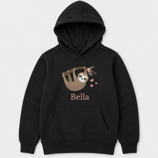 Black personalised kids hoodie with a smiling sloth hanging from a floral branch, surrounded by three pink hearts and the name Bella underneath.