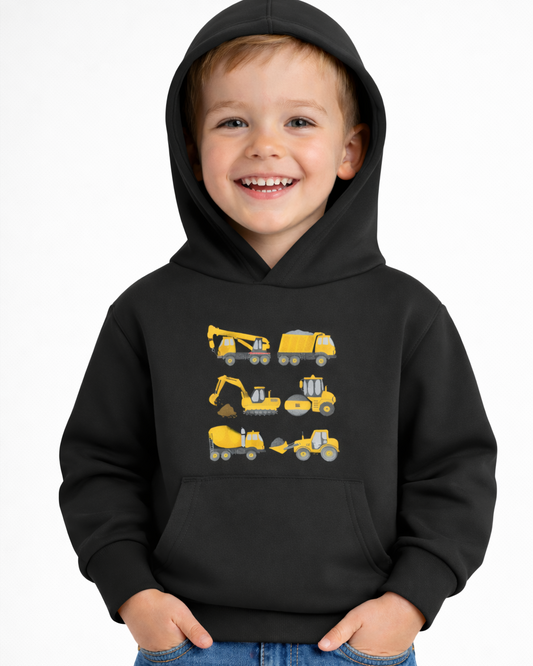 Child wearing a black hoodie with construction vehicle graphics - hood over head, on a white background