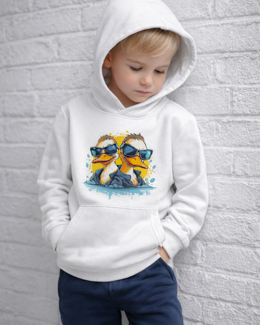 Young boy modelling white children’s hoodie with cool duck sunglasses print, hood up, leaning against a light grey brick wall looking down, navy joggers