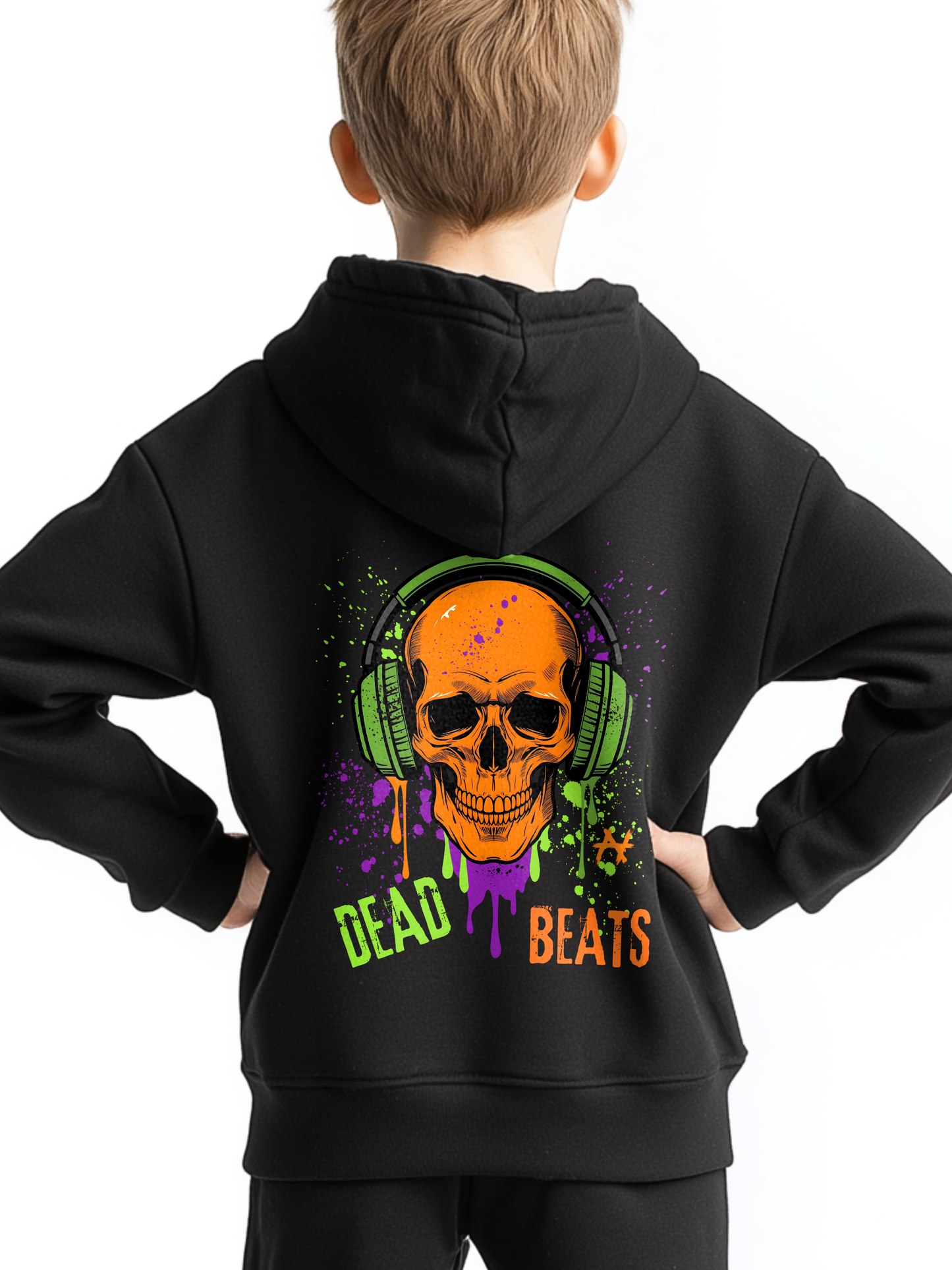 Boy wearing a black zip hoodie with “Dead Beats” skull headphones neon graffiti back print.