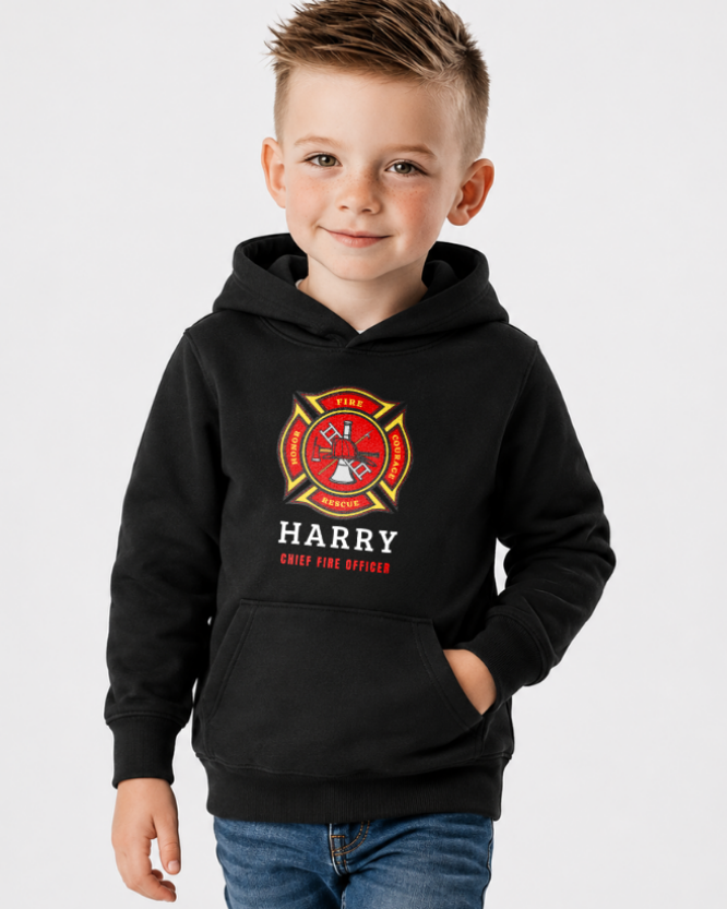 Child wearing a black hoodie with a fire department logo and name on a white background