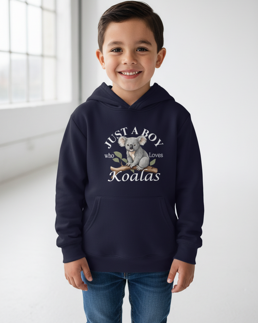 Boy modelling navy “Just A Boy Who Loves Koalas” hoodie in studio, front graphic clear, kids animal hoodie UK.