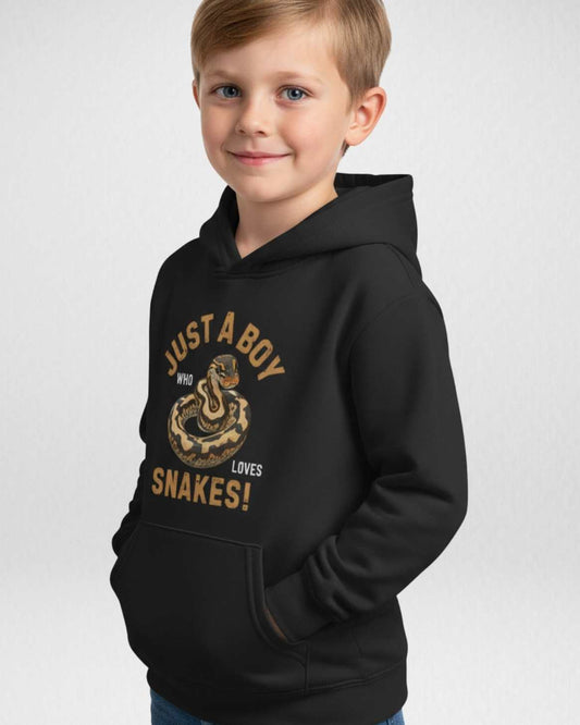 Side view of boys black snake hoodie with “Just a Boy Who Loves Snakes” print, kids animal themed hoodie