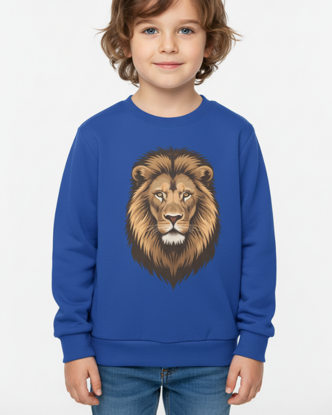 Kids royal blue lion sweatshirt worn by child, front view showing detailed lion face graphic