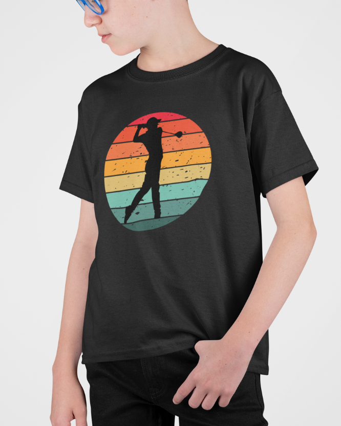 Side view of kids black golf t-shirt showing retro golfer silhouette print detail