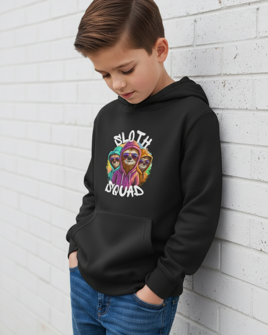 Side view of boy wearing black Sloth Squad graphic hoodie with three sloths design, leaning against brick wall.