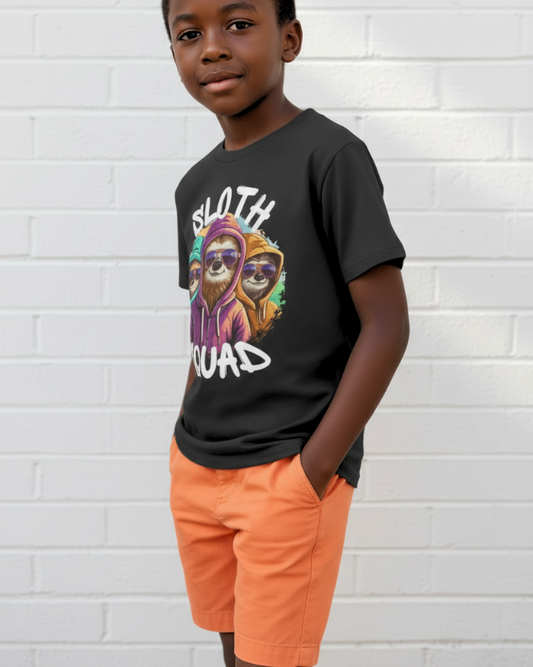 Side view of boy wearing black Sloth Squad graphic t-shirt with three sloths design and orange shorts.