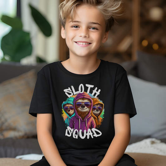 Boy wearing a Sloth Squad graphic T-shirt in black. Featuring three sloths in colourful hoodies and sunglasses.
