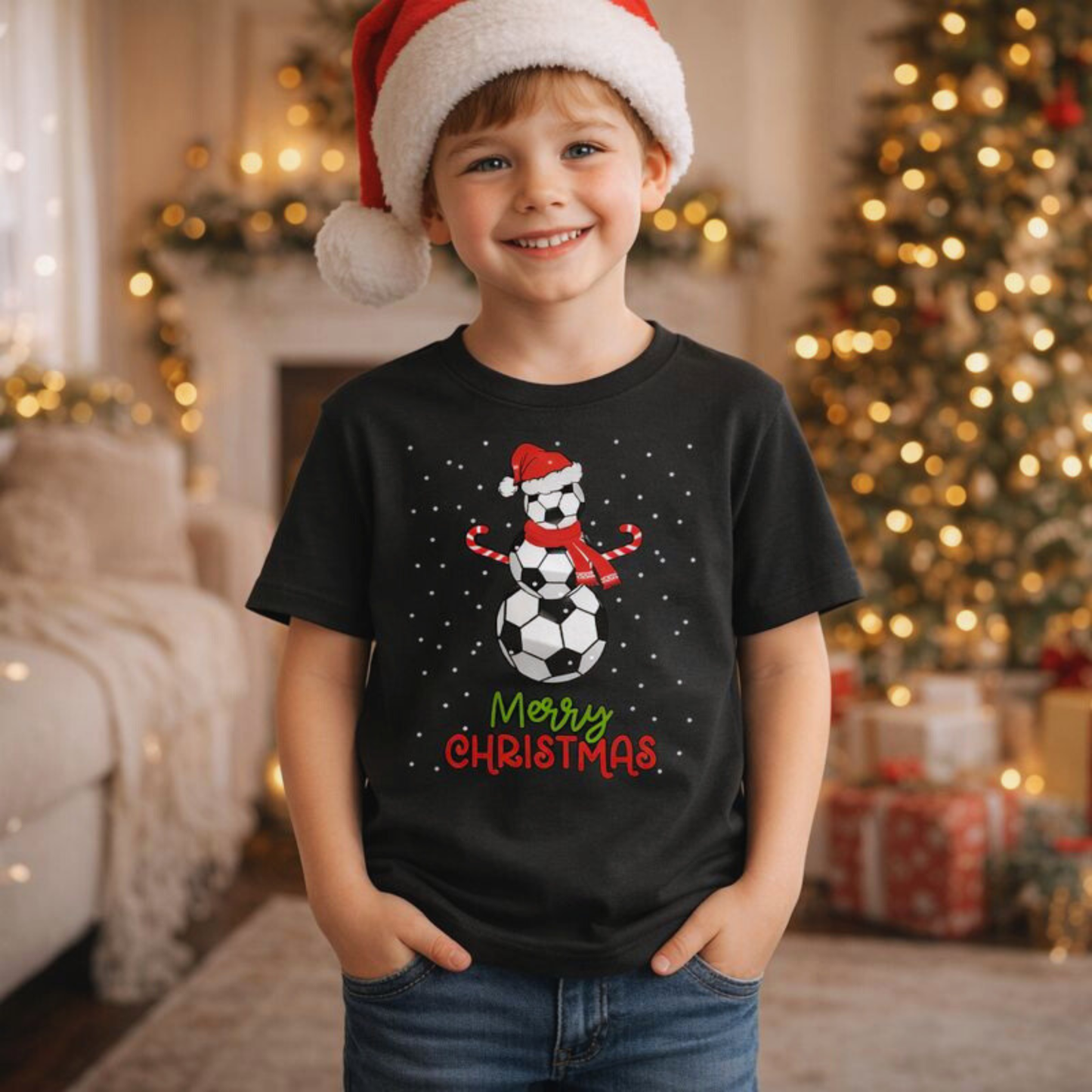 Child wearing a black Christmas-themed t-shirt with a snowman design and 'Merry Christmas' text, standing in a festive room with a Christmas tree and decorations.