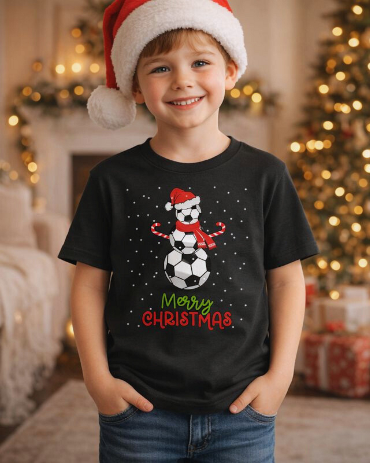 Child wearing a black Christmas-themed t-shirt with a snowman design and 'Merry Christmas' text, standing in a festive room with a Christmas tree and decorations.