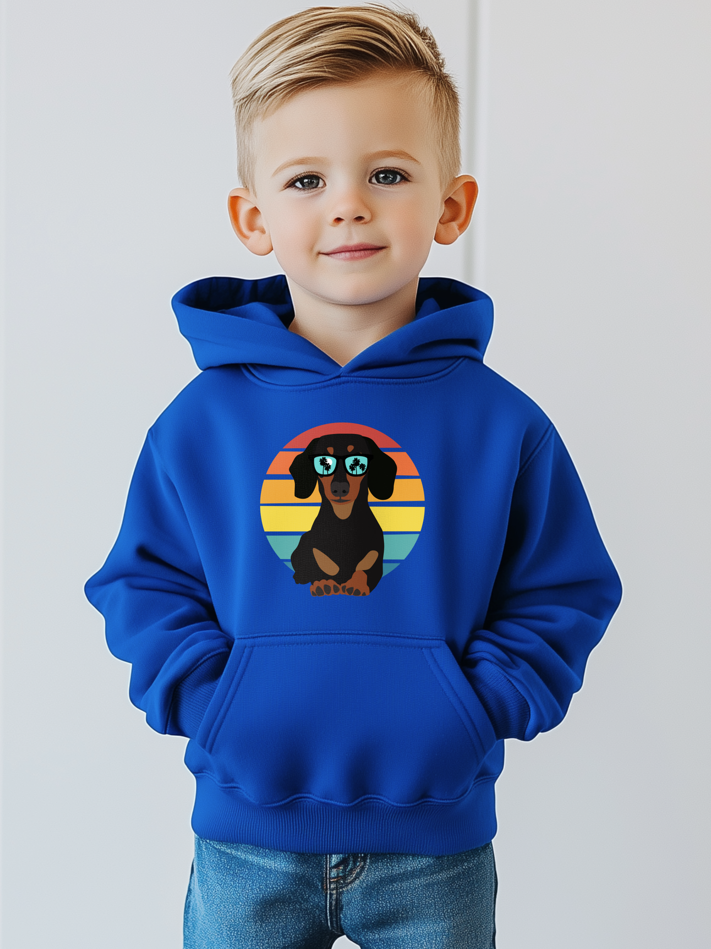 Young boy models a royal blue pullover hoodie with retro dachshund sunglasses print.