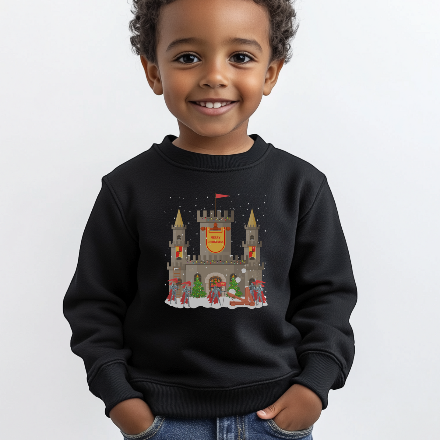 A young boy wearing a black Christmas sweatshirt with a festive castle and knights design on a white background