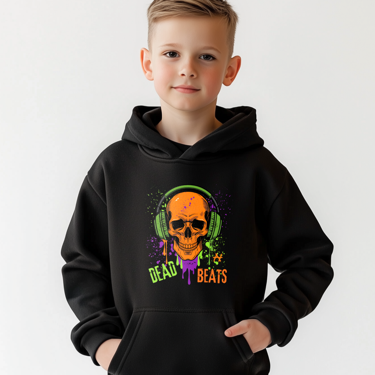 Boy wearing Dead Beats graffiti skull hoodie with headphones graphic