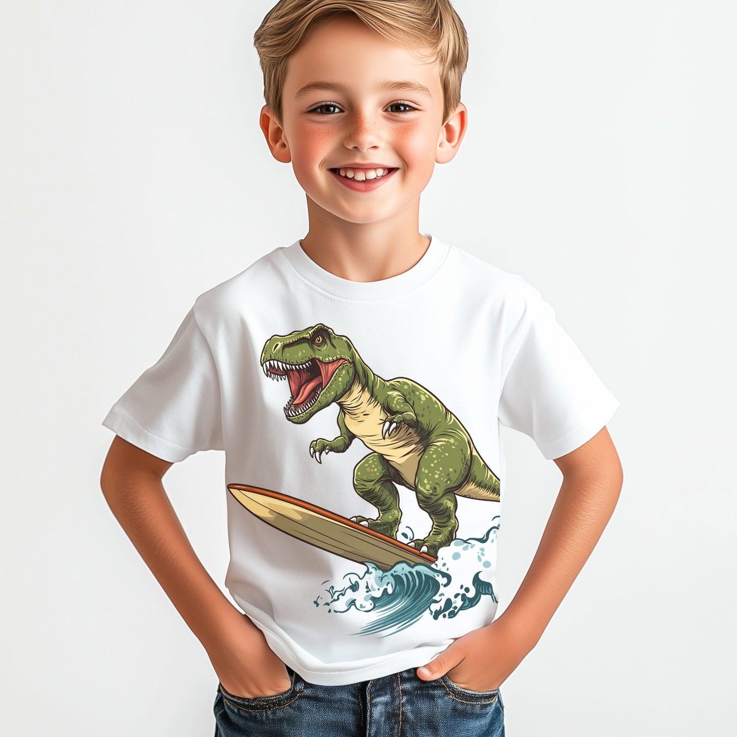 Kids Surfboarding T-rex Dinosaur T-shirt | 3 - 12 years