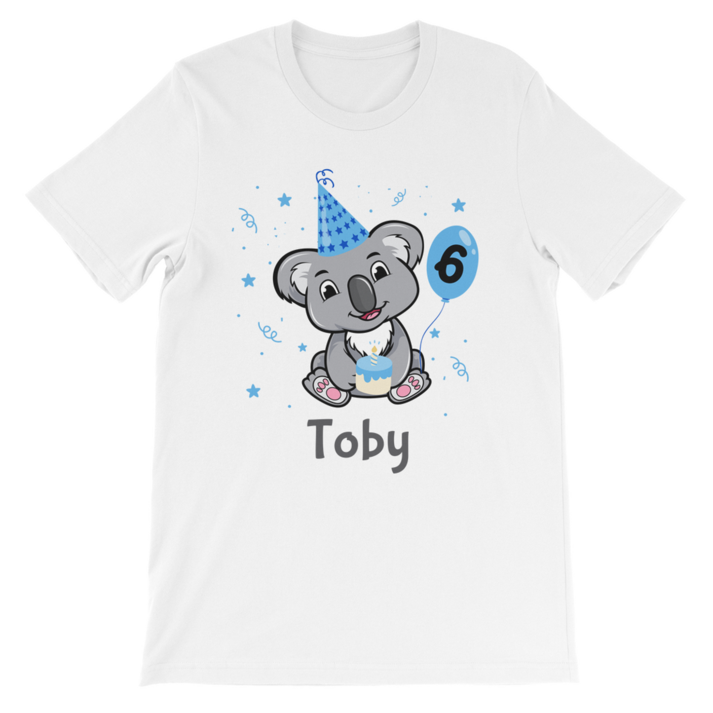 Boys short sleeve cotton T-shirt featuring a birthday themed koala in a blue party hat holding a balloon with number six and cake, custom name printed underneath design.
