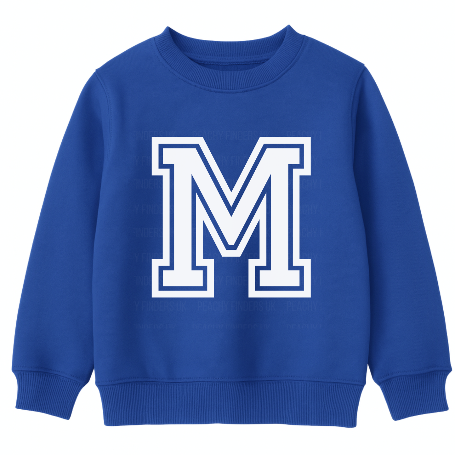 Kids royal blue sweatshirt with large white monogram varsity college-style letter M on the front