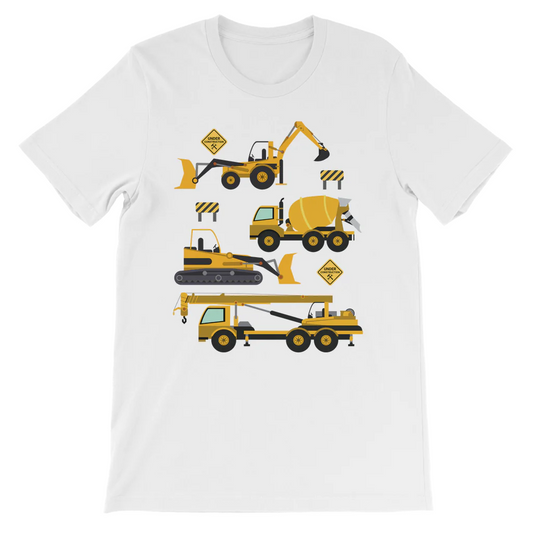 Kids white T-shirt featuring yellow construction vehicles including diggers, cement mixers, cranes, and warning signs