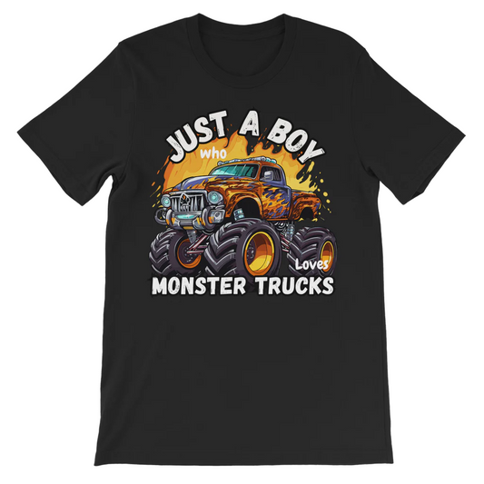 Boys black cotton T-shirt with the text 'JUST A BOY who loves Monster Trucks' and fierce looking truck printed on the front.