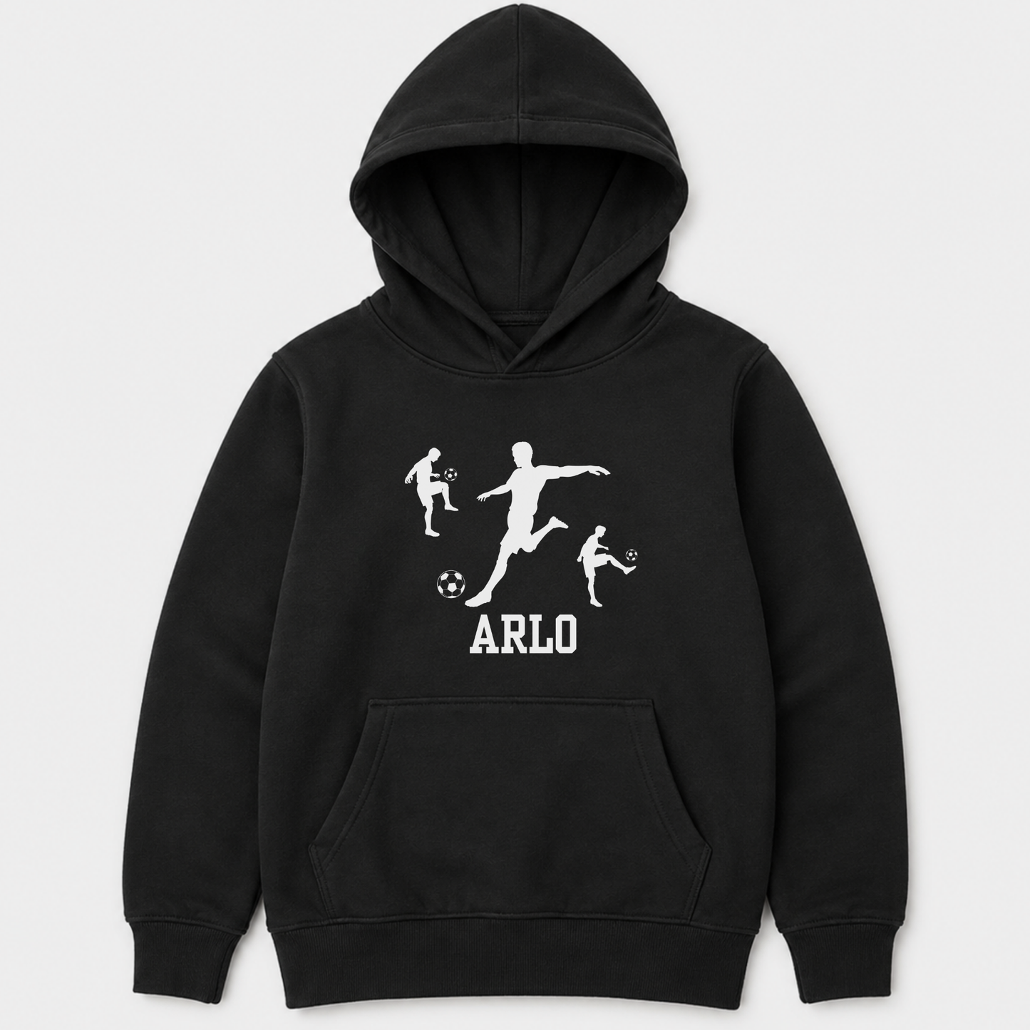 A kids pullover hoodie in black with a white graphic print of soccer players and the name 'ARLO' on the chest, displayed against a light grey background.