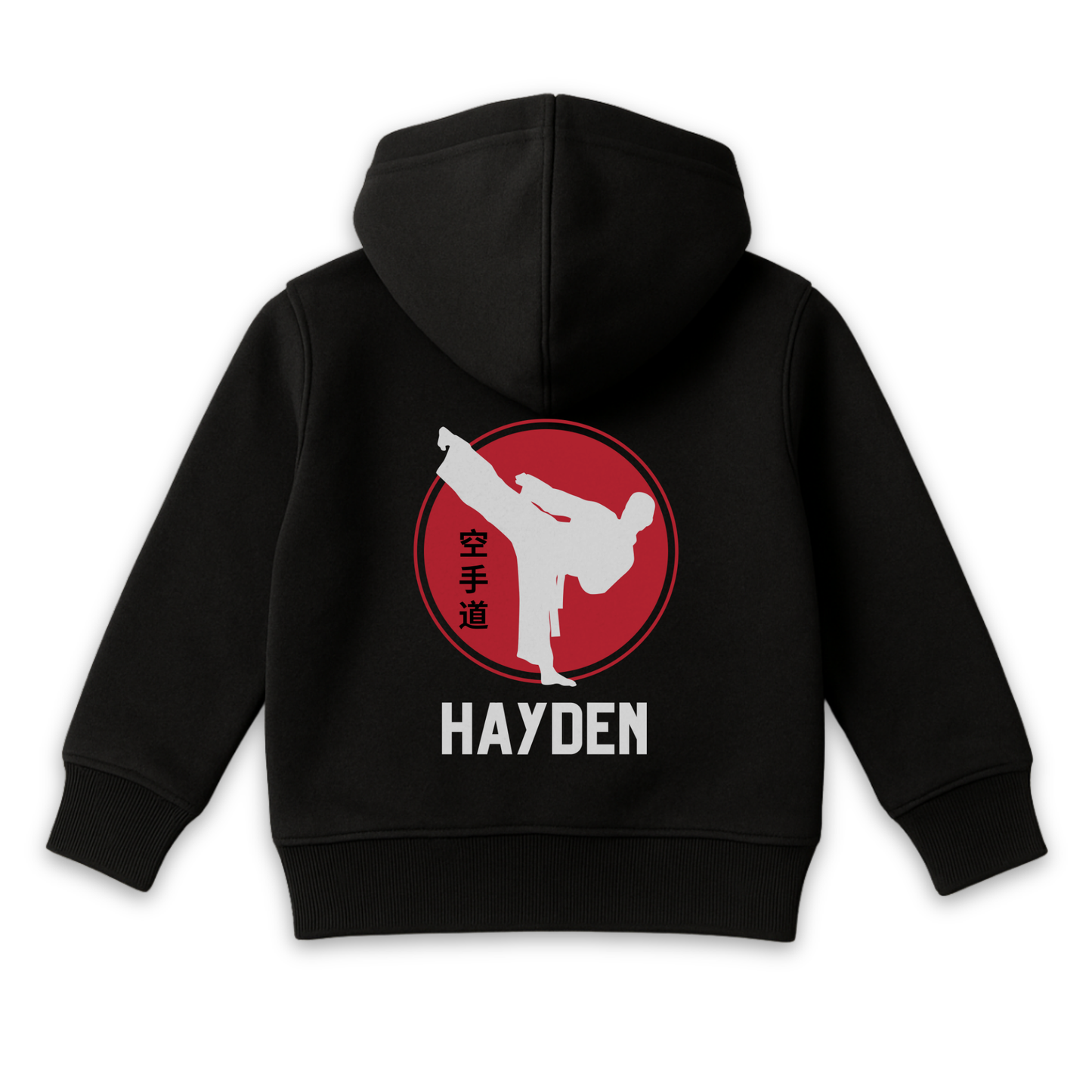 Kids black zip-up karate hoodie featuring a red martial arts emblem and a custom name printed on the back.